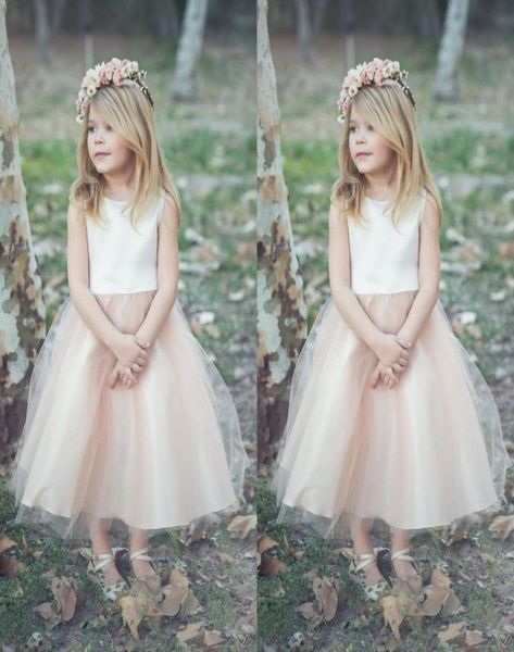 Boho 2016 Marfil Blush Pink Tafetán Vestidos para niñas de flores para bodas Joya barata Longitud del té Vestido de fiesta de cumpleaños por encargo China 7430188