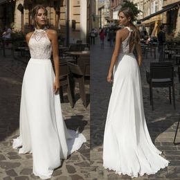 Boho A-lijn Trouwjurken Kant Applicaties Backless Chiffon Strand Trouwjurk Sweep Train Plus Size Bruidsjurken