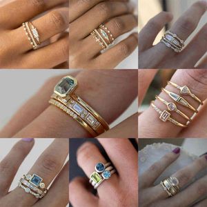 Boho 4 stuks set Luxe Blauwe Kristallen Ringen voor Vrouwen Mode Geel Goud Kleur Bruiloft Sieraden Accessoires Geschenken Belofte Ring2767