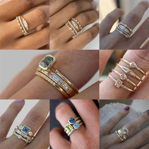 Boho 4 stuks set Luxe Blauwe Kristallen Ringen voor Vrouwen Mode Geel Goud Kleur Bruiloft Sieraden Accessoires Geschenken Belofte Ring256D