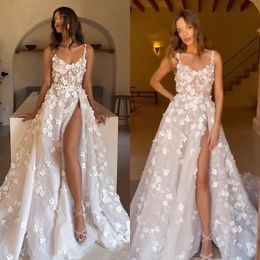 Boho A Line Robes Bost Bozice Illusion Stracts Dress High Slit Full Floral Appliques Tulle Designer Wedding Bridal Robes