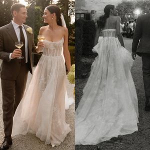 Boho A-lijn trouwjurk voor bruid Spaghetti fulllace trouwjurken vestidos de novia bot lijfje knop terug landen robe de mariage