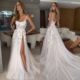 Boho A line Vestidos de novia Bone Bodice Apliques Spaghetti Slit Tulle diseñador vestidos de novia de boda