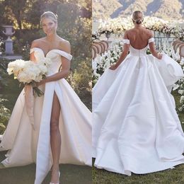 Boho une ligne robes de mariée pour la mariée hors épaule robe de mariée en satin dos nu robes de mariée de créateur fendues
