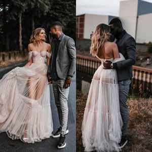 Boho Berta A lijn Trouwjurken Liefje Off Shoulder Pailletten Kant Applicaties Ruglooze Tule designer biohemia bruiloft bruidsjurken