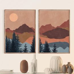 Pósteres e impresiones nórdicos de paisaje abstracto bohemio, cuadro sobre lienzo para pared, sol, montaña, terracota, línea, puesta de sol, imagen decorativa, Paint260P