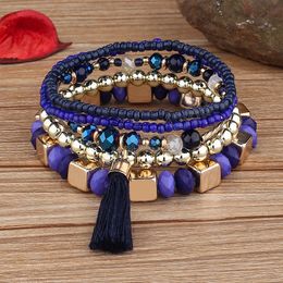 Boho Alliage Cristal Perlé Bracelets pour Femmes Dames Vintage Mode Coton Gland Bracelet Multicouche Bracelet Femme