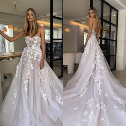 Boho Backless A Line Dresses Bone Bodice Sweep Train 3D Appliques Tule Wedding Bridal Jurns