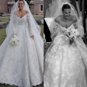 Boho baljurk trouwjurk voor bruid uit schouder fulllace trouwjurken lange mouwen ruche gewaad de mariage lacefull bruidsjurken