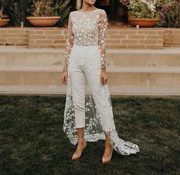 Boho Beach Illusion Lace Jumpsuits Trouwjurk voor Vrouwen 2022 Zien door Sexy Backless Broek Pak Bruidsjurken met Trians Lange Mouw Bruid Elopement Jurken