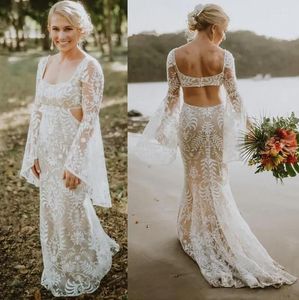 Boho Beach Lace Floral Mermaid Wedding Jurken Bruienjurk Lange mouwen vierkante nek holle rugleuning achter land Vestido de novia