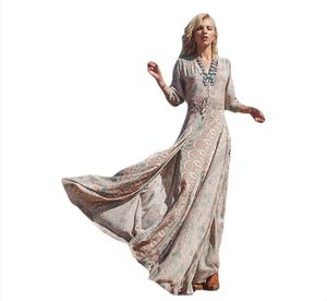 Boho plage longue robe Vintage imprimé fleuri en mousseline de soie trois quarts manches col en v été gitane Hippie femmes robes Vestidos