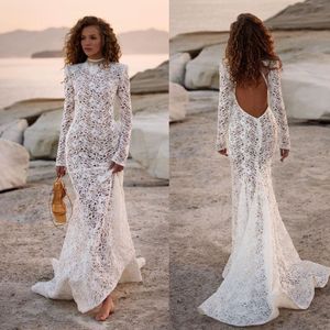 Boho Beach Mermaid Wedding Jurken Lace lange mouwen bruidsjurk op maat gemaakt backless trouwjurken