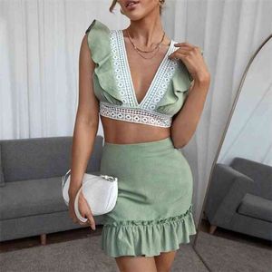 Boho Beach Style Mini Dress Sets Ruffled White Lace Summer Women Two Pieces Sundress Chic Vestido 210427