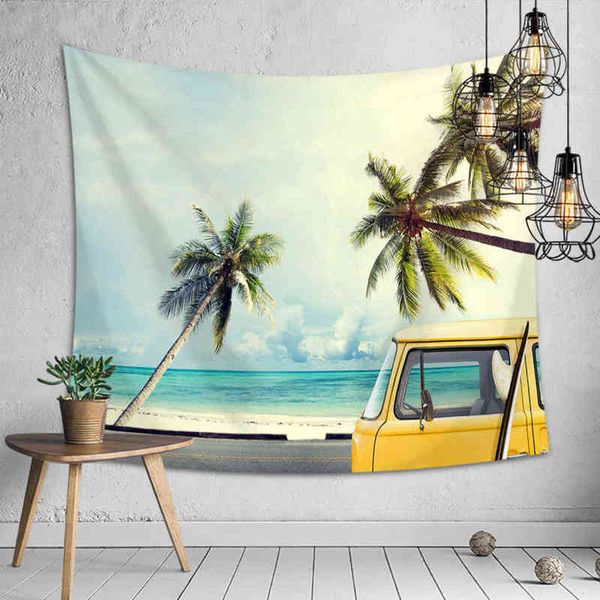 Boho Beach Tapices de pared Palmera Mar Océano Paisaje Autobús Hippie Tapiz Decoración de la habitación Pared de viaje Alfombra Manta Decoración del hogar J220804