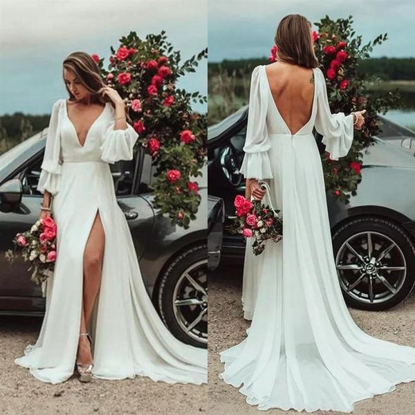 Boho Beach Robe De Mariée Dos Ouvert Col En V Haute Fente Longue Élégante Conception Simple Bohème Robes De Mariée Robe De Noiva Taille Personnalisée246S