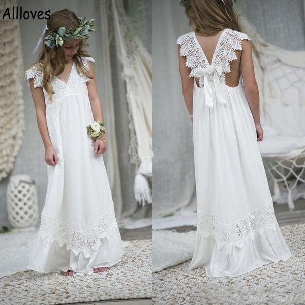 Robes de fille de fleur de mariage de plage Boho dentelle élégante une ligne simple robes de fête d'anniversaire de reconstitution historique de petite fille col en V robe de première communion pour enfants en bas âge AL6765