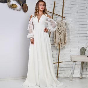 Boho Beach Vestido de novia de gasa blanca Una línea de encaje Manga larga Hasta el suelo Vestidos de novia Espalda baja Tallas grandes Ropa de recepción