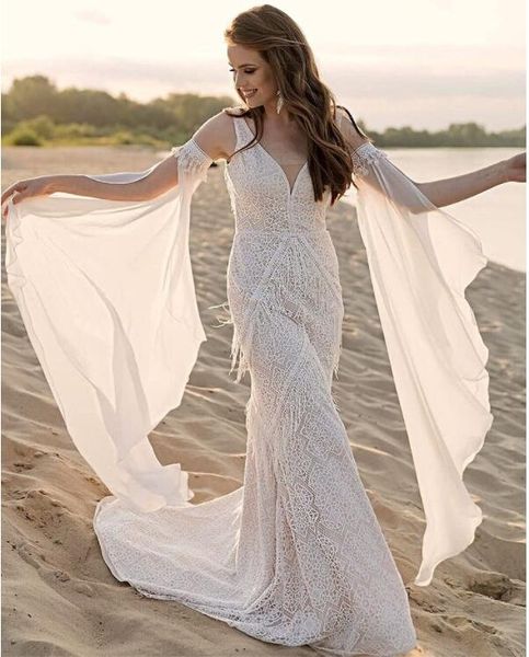 Boho robe de mariée sans beackless dentelle au crochet sirène sexy dos ouvert gland manches en mousseline de soie bohême plage robes de mariée