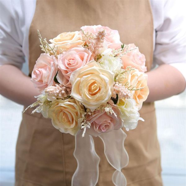 Boho nupcial dama de honor ramo 2022 flores artificiales de boda champán marfil rubor rosa rosas 25 cm 25 cm fiesta de quinceañera seda F227p