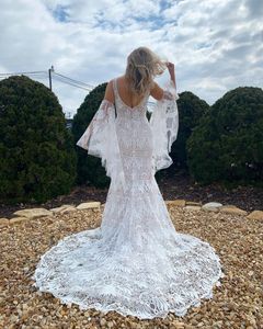 Boho Bridal Trouwjurk 2021 Mermaid Franse Kant Vestidos de Novia Afneembare mouwen Ontwerper Robe-de Soirée-de Mariage Diepe V-hals Open Back Order-to-Made