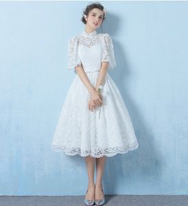 Boho bruid jurk 2020 elegante hoge nek halve mouwen kant trouwjurk plus size korte bruidstoga vestidos de noiva