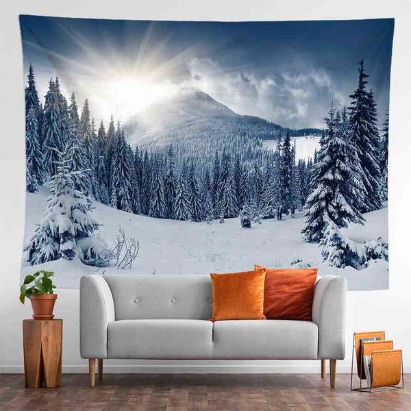 Boho-Teppich, Wandkunst, Heimdekoration, schöner Winter-Zedern-Schnee-Druck, große Teppiche, Hippie-Hänge-J220804