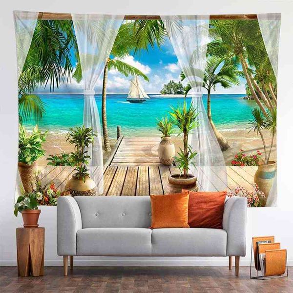 Boho Carpet Wall Photography fond Beau paysage fenêtre de plage de plage Castle J220804