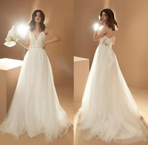 Boho Robes De Mariée Pas Cher Spaghetti Sangle Appliques Dentelle Tulle Arc Robe De Mariée Balayage Train Sur Mesure Robes De Novia Vente Chaude