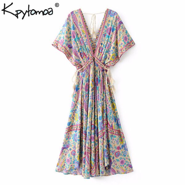 Boho Chic Été Vintage Oiseau Imprimé Floral Robe Longue Femmes 2019 Mode Col En V À Lacets Gland Robes De Plage Robes Mujer Y19012102