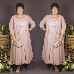 Boho Chiffon Moeder van de bruid jurken Suits 2023 Pink Long Jacket Lace Applique Enkle Lengte A-lijn lange trouwfeestjurk plus size prom avondjurken voor vrouwen