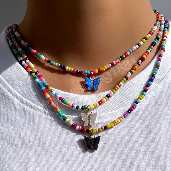 Boho coloré rocaille colliers de perles pour les femmes mignon papillon pendentif collier bohème à la main collier ras du cou bijoux en gros
