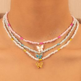 Boho coloré perles de rocaille collier femmes mignon arc-en-ciel papillon pendentif colliers bijoux cou chaîne bohème plage Femme collier