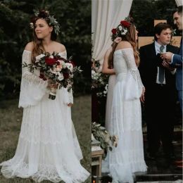 Boho Country Wedding Jurken Bridal Jurk lange mouwen lange mouwen kant van de schouder op maat gemaakte plus size tule een lijnvestido de novia strand