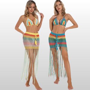 Boho Crochet femmes maillot de bain ensembles assortis frange coloré Sexy soutien-gorge jupe 2 pièces ensemble maillots de bain dos nu plage tenue été