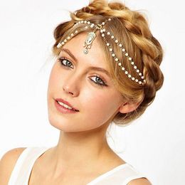 Boho Crystal front vintage Chaîne de bandeau de perle nuptiale pour les femmes Pendre de mariage Boutage Pendre le bandeau de cheveux accessoire