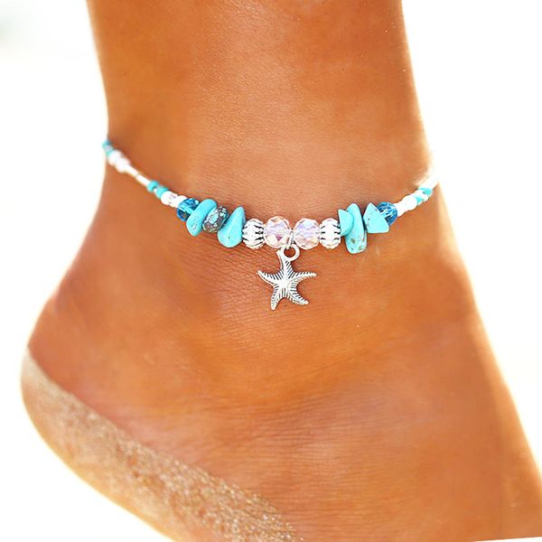 Boho cristal estrella de mar con cuentas tobillera turquesa encanto tobillo pulsera pie cuentas tobilleras verano playa joyería precio al por mayor