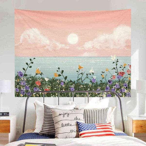 Boho décor peinture à l'huile paysage tapisserie murale lune nuages chambre tête de lit fleurs suspendues Kawaii maison Tapiz J220804