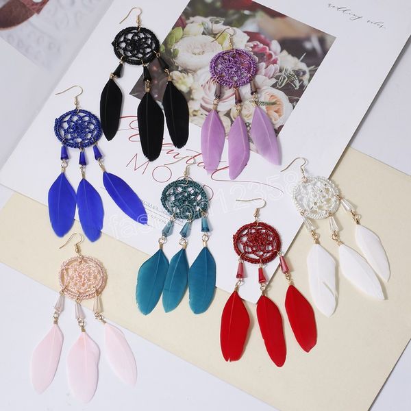 Pendientes bohemios con borlas y plumas de atrapasueños para mujer, aretes redondos huecos hechos a mano, aretes largos geométricos Vintage para regalo