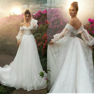 Boho Élégant A-ligne Robes De Mariée Chérie Manches Longues Sheer Full Appliqued Dentelle Robe De Mariée Balayage Train Pas Cher Plage Robe De Mariée