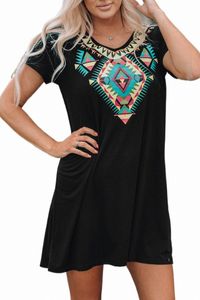 Boho Ethnic Print Mini Dress Short Sleeve 2023 Hot New 98rx#