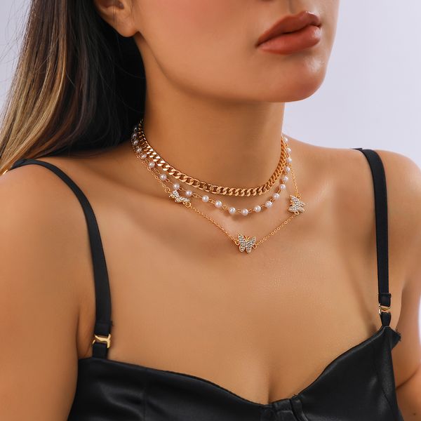 Boho mode chaîne cubaine strass papillon chaîne Imitation perle multicouche combinaison collier bijoux