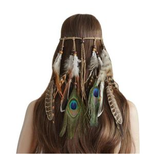 Diadema de plumas bohemias para mujer, accesorios para el cabello, turbante de plumas de pavo real, diadema ajustable para mujer