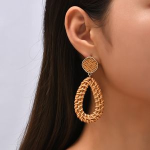 Boho femme goutte d'eau forme creux tissé à la main boucles d'oreilles pour les femmes à la mode bohême vigne rotin balancent boucle d'oreille bijoux