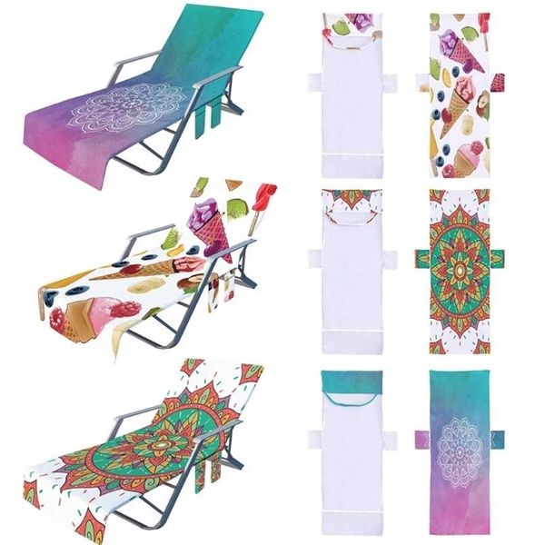 Boho Floral Cartoon Imprimer Chaise Longue Chaise Couverture Microfibre Plage Serviette De Bain avec Poches Latérales pour Patio Chaise Longue 211116