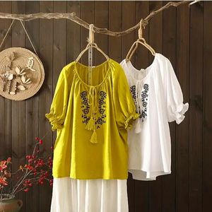 Boho Floral Prairie Peasant Blouse Women Pullover Ethnic Boemian White Gypsy Oversized shirts Tops met kwastjes 240412