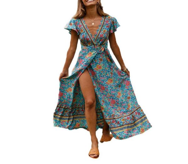 Boho Floral Imprimé Long Maxi Femmes Chiffon Jumpon Split Summer Beach V Neck Col Short Sleeve Breed Wrap Plays Cuits Robe Femme 2019 Y15784186