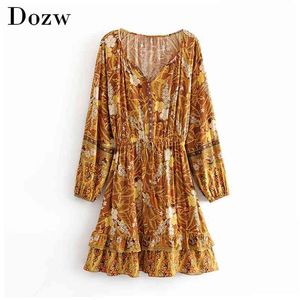 Boho Floral Print Mini Jurk Lantaarn Lange Mouw V-hals Bud Dames Jurken Elastische Taille Buttons Losse Sundresses Ropa Mujer 210515