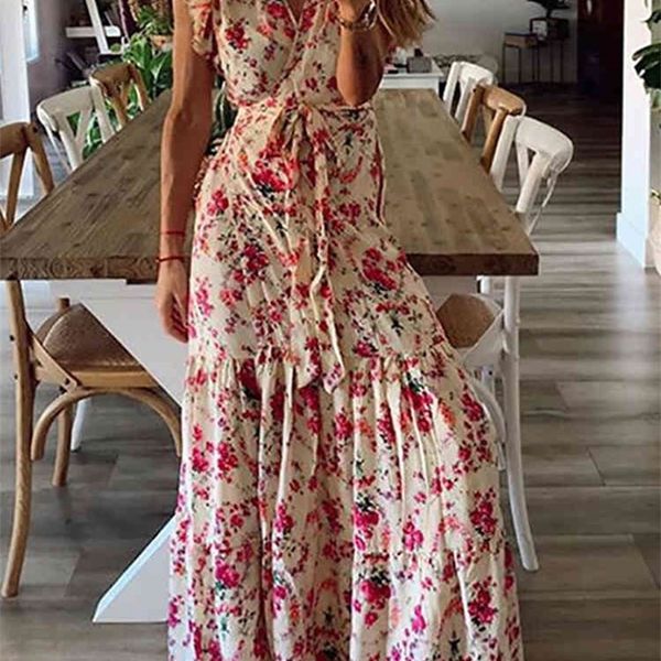 Vestido largo de playa con cuello en V y estampado floral bohemio, cinturón con volantes y cordones para cubrir la playa, vacaciones de verano, ropa de playa, túnica para mujer, luna de miel 210319