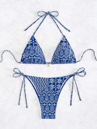 Boho Flower Bikini set dames bloemenprint blauw patroonbaden Boheemse stijl halter nek band zwempak badset 240322